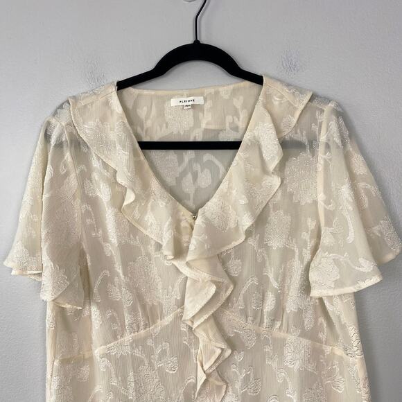 Pleione Cream Empire Waist Blouse V-Neck Ruffle Front Textured Floral Size L - Picture 2 of 10